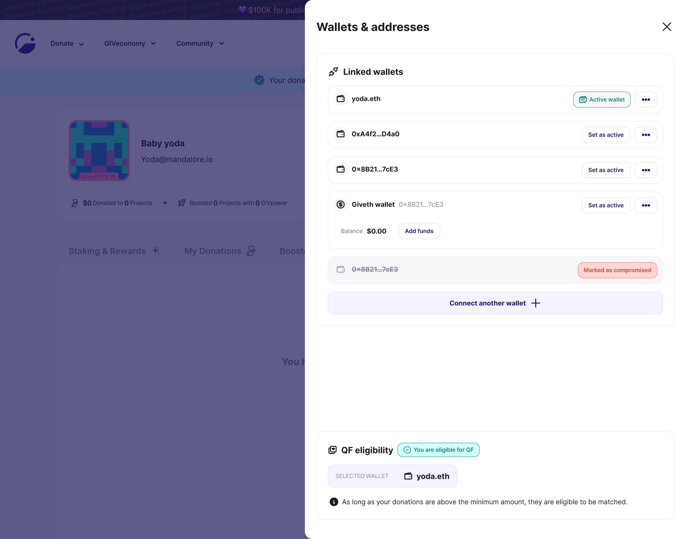 Managing linked wallets under one identity in Giveth, distinguishing donation, project-ownership, and QF roles
