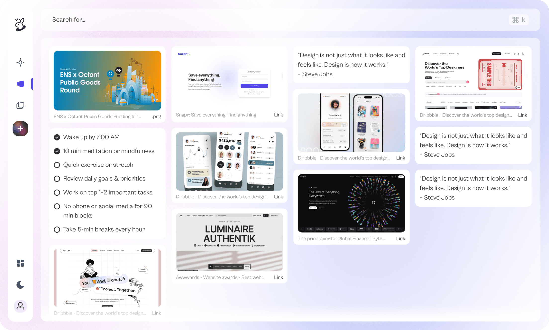 Snapr before the pivot, a broad AI workspace crowded with saved links, notes, and mixed content