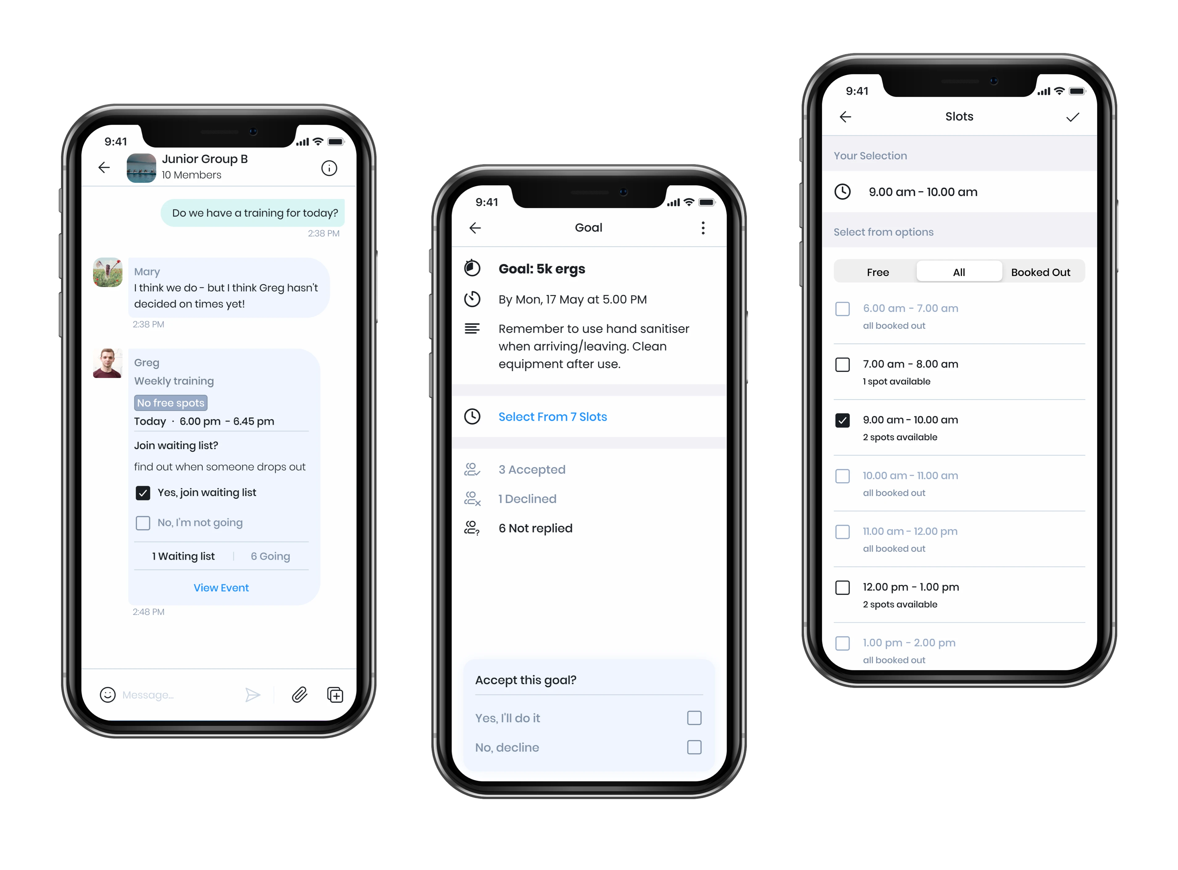 Droplet chat thread with a shared training event, showing waiting-list and RSVP options inline in the conversation