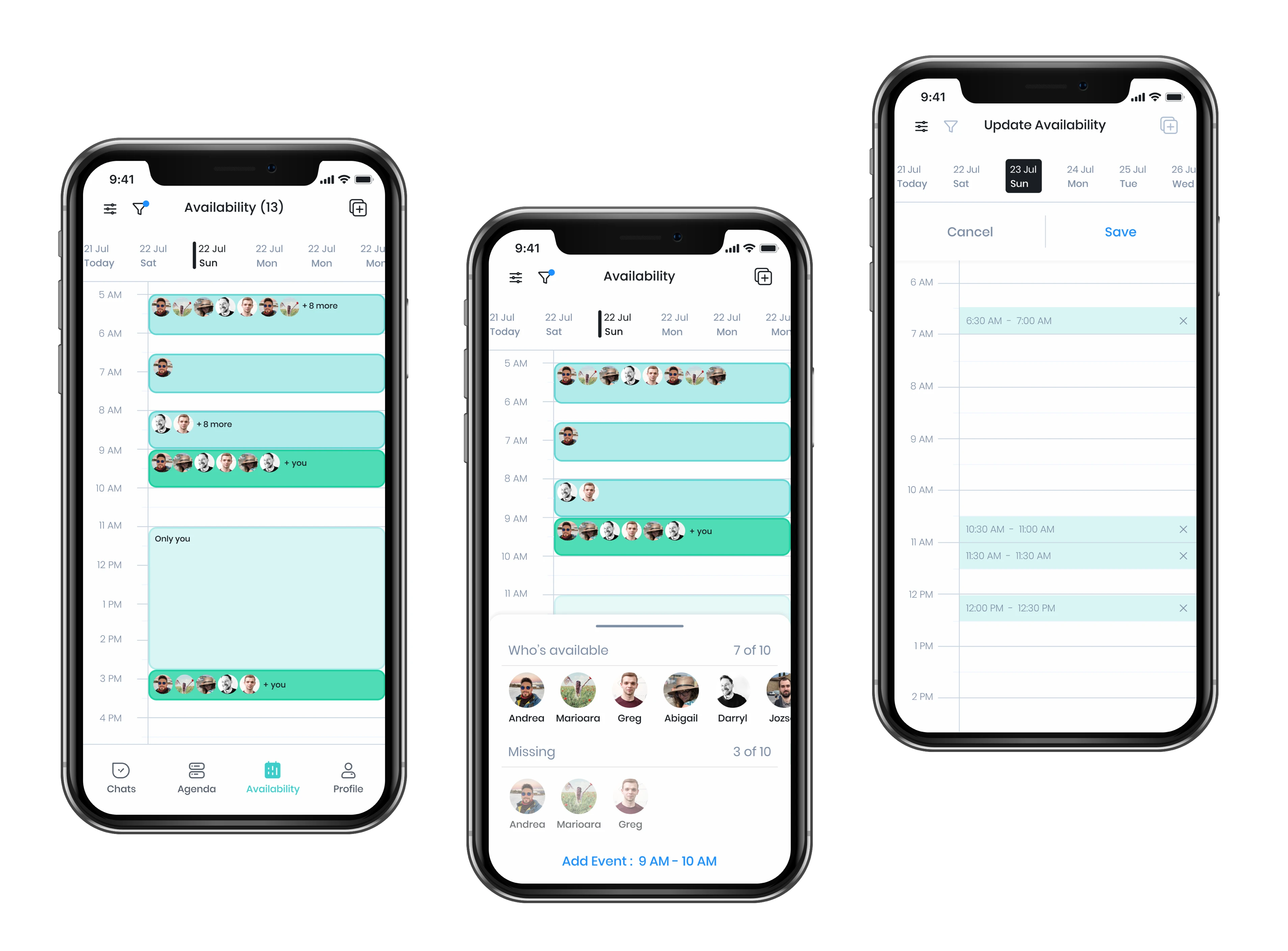 Droplet availability screens showing the group calendar, who's available for a time slot, and the update-availability editor