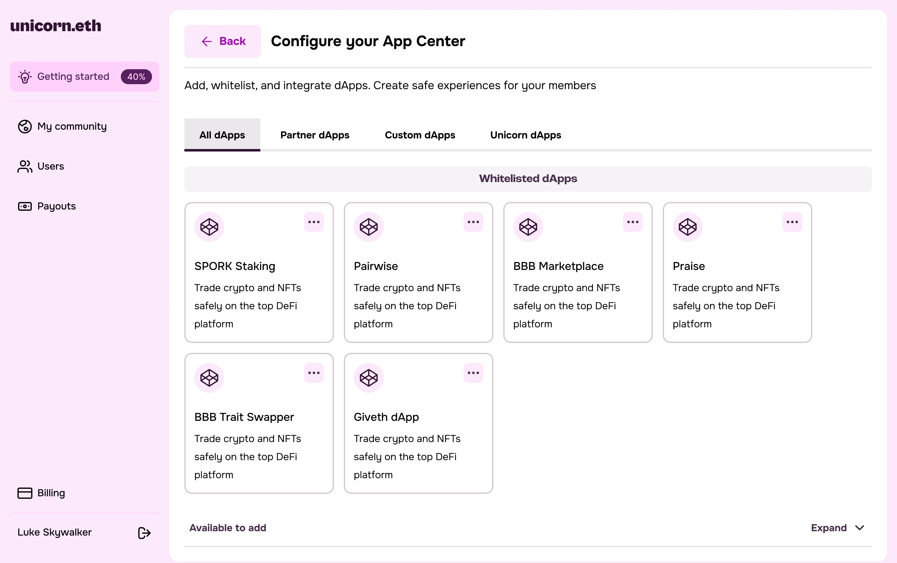 The App Center, showing whitelisted dApps a brand has approved for members to safely connect to