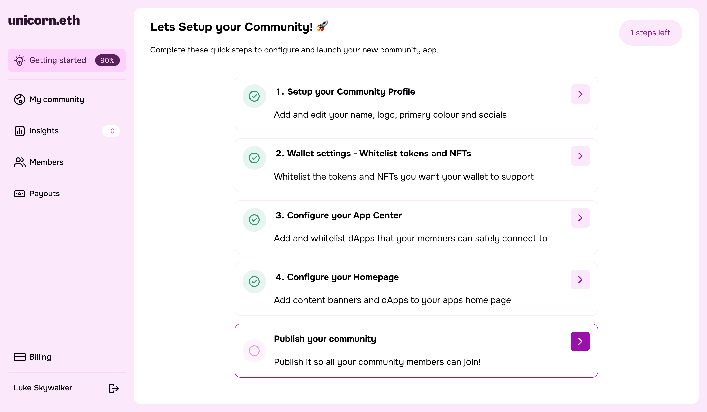 The guided setup checklist near the end, one step left before publishing the community